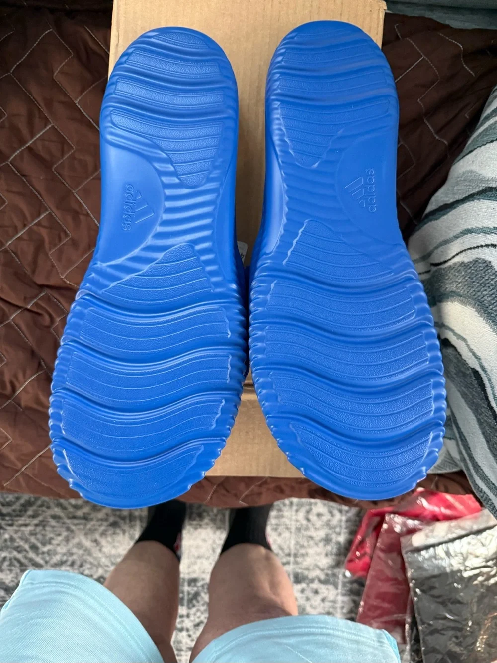 adidas Blue Slide Sandals with White Stripes